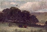 landscape with trees and two cows in meadow by Edward Mitchell Bannister